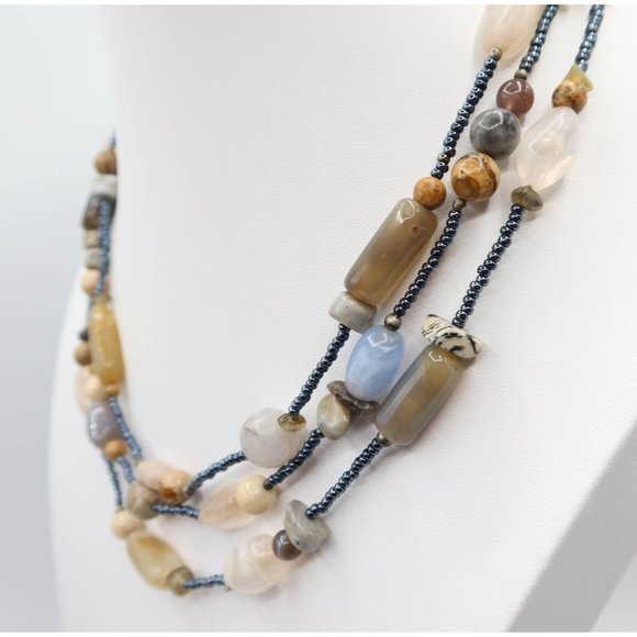Earth Tone Acrylic & Natural Stone Seed Bead Multi Strand Toggle Necklace 18.5" - Picture 4 of 7